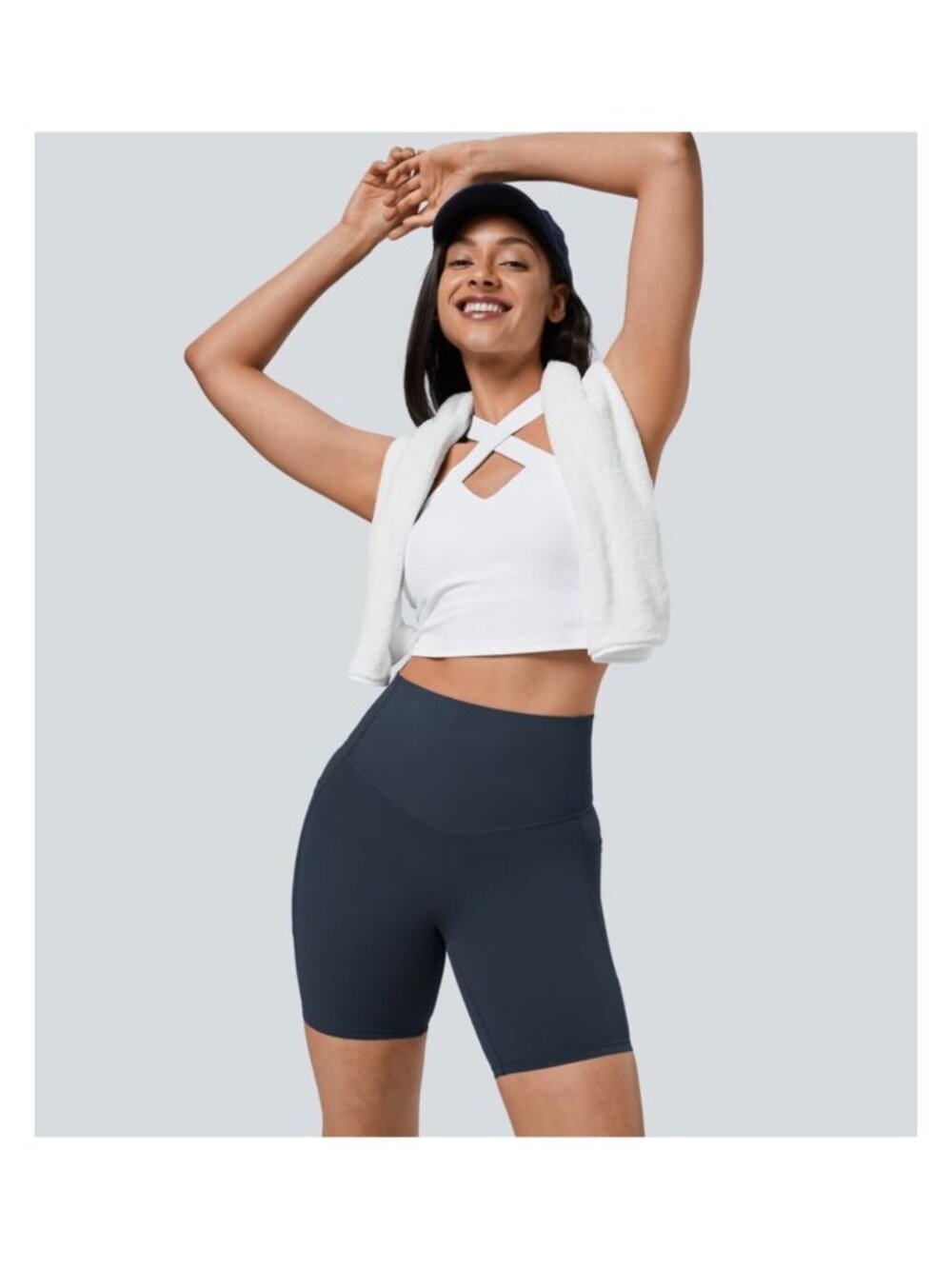 Halara L Womens High-Waisted Biker Black Shorts With Side Pockets Flat Tummy Eff